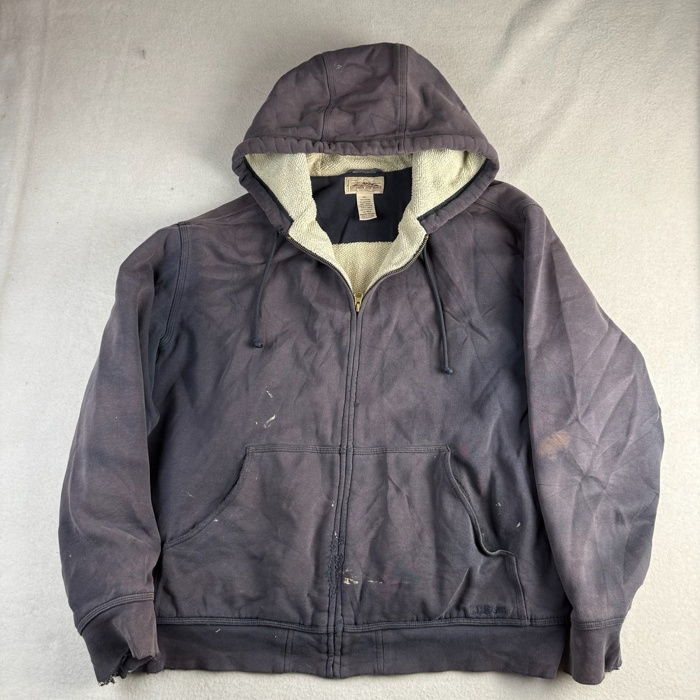 LL Bean Katahdin Iron Works Hoodie Mens Large Faded Distressed Full Zip Navy